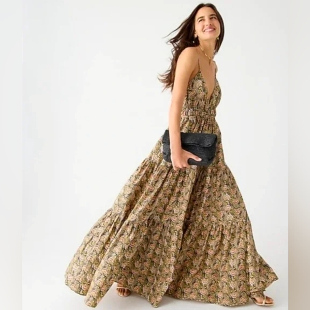J.Crew Oahu V-Neck Tiered Maxi Dress - Dandelion Swirl - Sz M - Picture 1 of 9